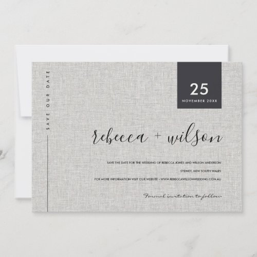 MINIMAL SCANDI RUSTIC GREY LINEN KRAFT TYPOGRAPHY SAVE THE DATE