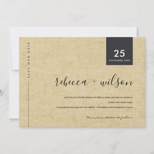 MINIMAL SCANDI RUSTIC OCHER LINEN KRAFT TYPOGRAPHY SAVE THE DATE