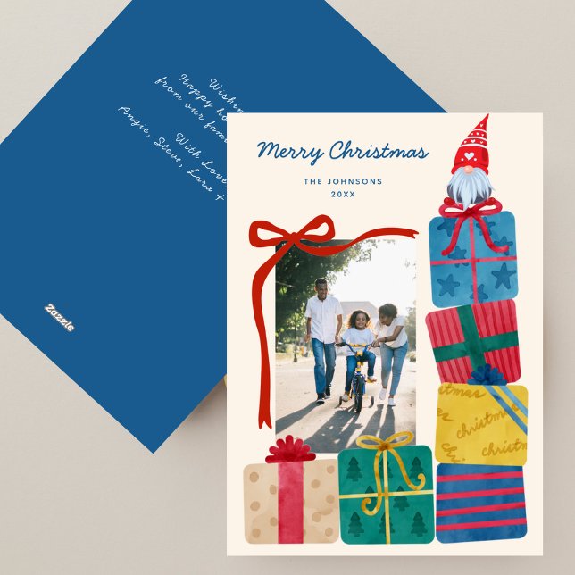 Minimal Scandinavian Colorful Gifts&Gnome Photo Holiday Card (Creator Uploaded)
