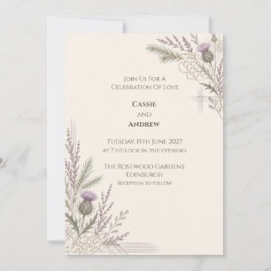 Minimal Scottish Thistle Heather Wedding Invitation