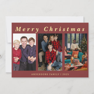 Minimal Script 3 Photo Merry Christmas Red Foil Holiday Card