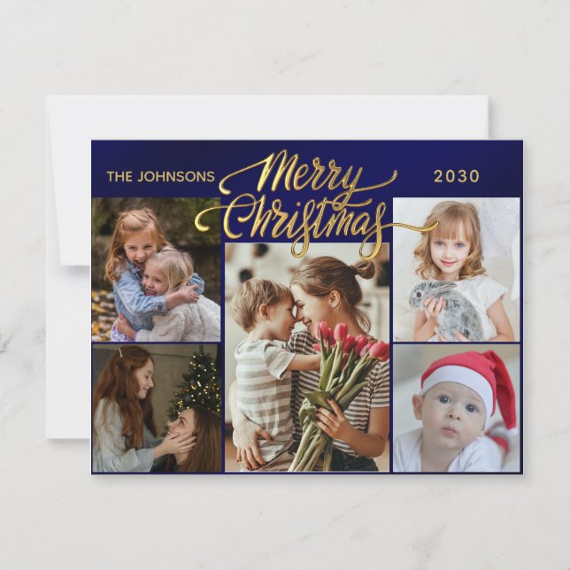 Minimal Script 6 Photo golden Merry Christmas  Holiday Card (Front)