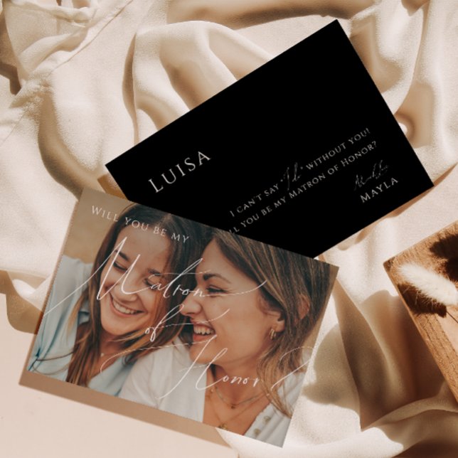 Minimal Script | Black Faded Photo Matron of Honor Invitation (Creator Uploaded)