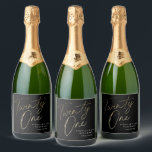 Minimal Script Black Gold 21st Birthday  Sparkling Wine Label<br><div class="desc">Modern minimalist 21st birthday sparkling wine label features stylish faux gold foil number handwritten script Twenty one and your party details in classic serif font on black background color,  simple and elegant,  great surprise adult milestone birthday for men and women.</div>