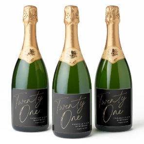 Minimal Script Black Gold 21st Birthday Sparkling Wine Label