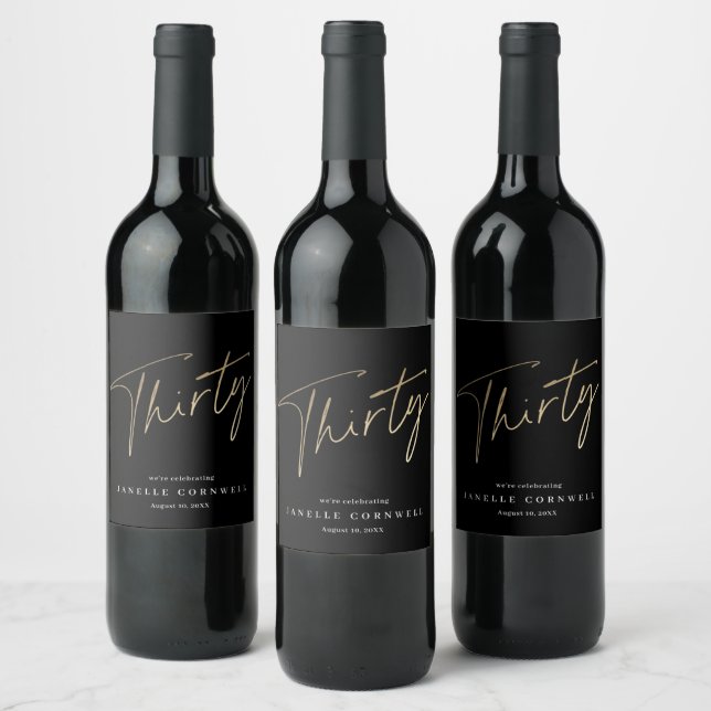 Minimal Script Black Gold 30th Birthday Party Wine Label (Bottles)