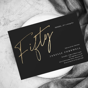 Minimal Script Black Gold 50th Birthday Magnetic Invitation