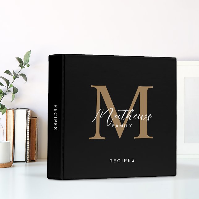 Minimal Script Black Gold Monogram Kitchen Recipe 3 Ring Binder (Creator Uploaded)