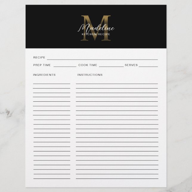 Minimal Script Black Metallic Gold Monogram Recipe (Front)