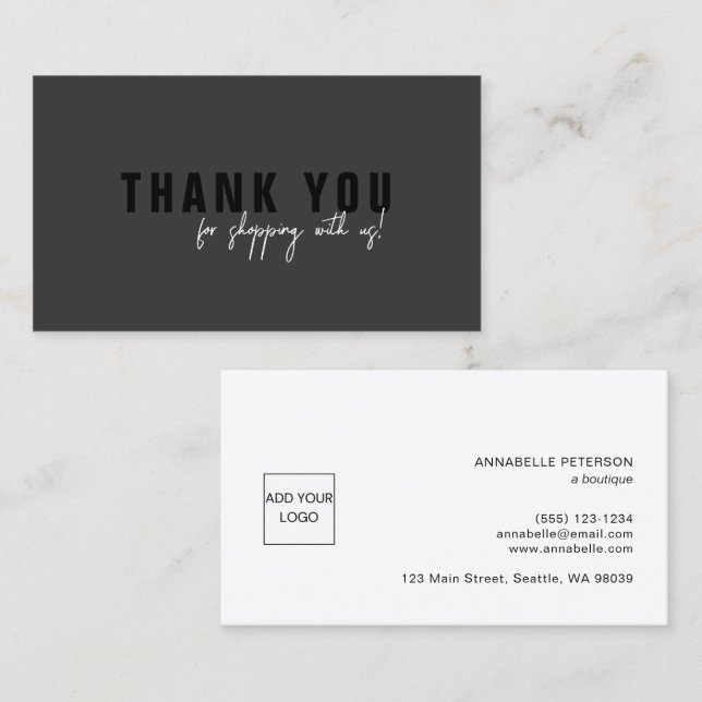 Minimal Script Black Thank You Logo Business Card (Front/Back)