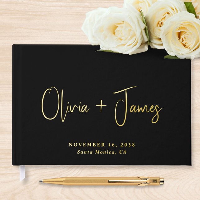 Minimal Script Black Wedding Foil Guest Book (Creator Uploaded)