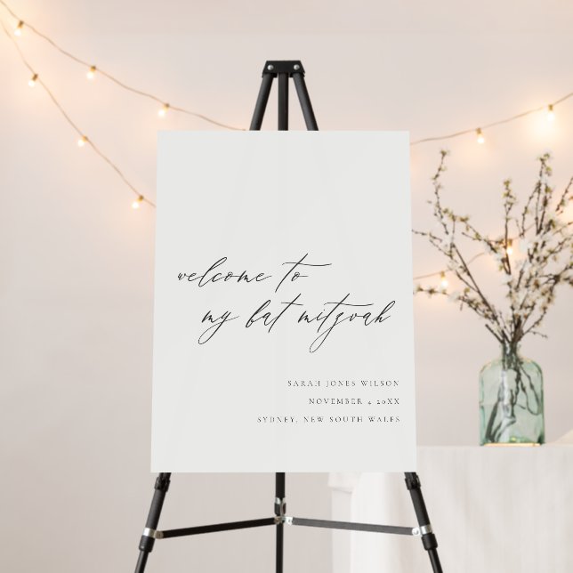 Minimal Script Black White Bat Mitzvah Welcome Foam Board (In Situ (Stand))