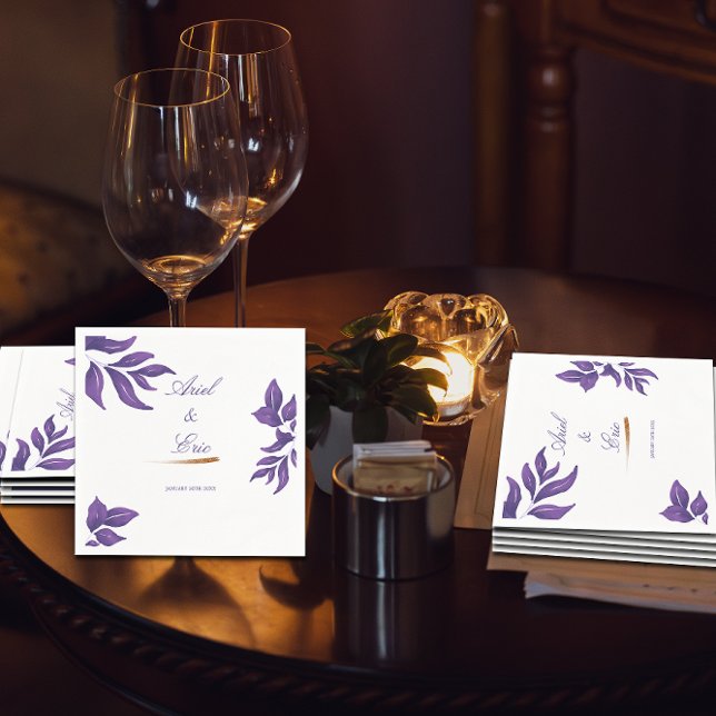 Minimal Script Botanical Purple and Gold Wedding Napkins (Creator Uploaded)