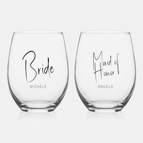 Minimal Script Bride Maid of Honor Wedding Stemless Wine Glass