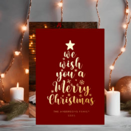 Minimal Script Burgundy Red Merry Christmas  Foil Holiday Card