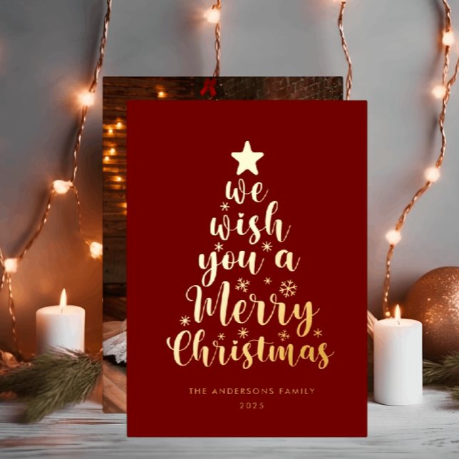 Minimal Script Burgundy Red Merry Christmas  Foil Holiday Card (Creator Uploaded)