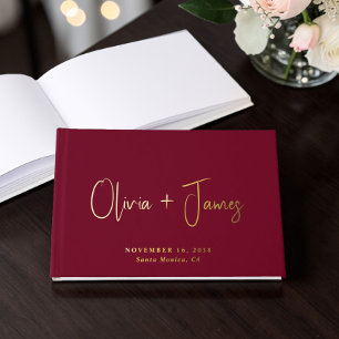 Minimal Script Burgundy Wedding Foil Guest Book