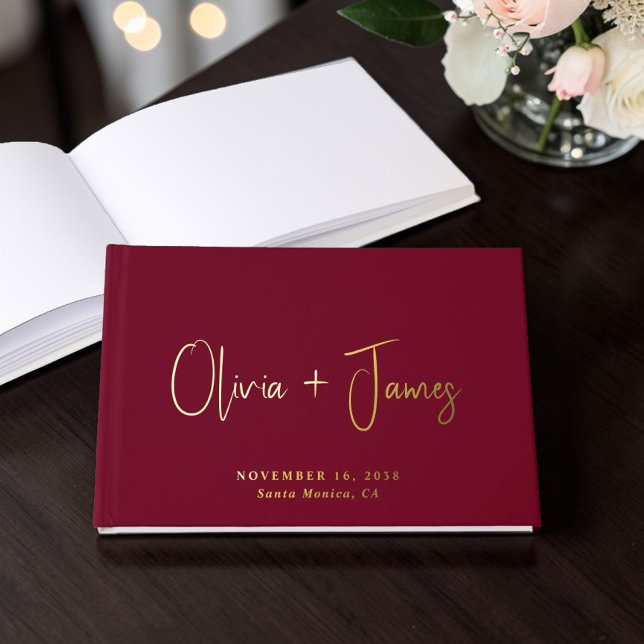 Minimal Script Burgundy Wedding Foil Guest Book (Minimal Script Burgundy Wedding Foil Guest Book)