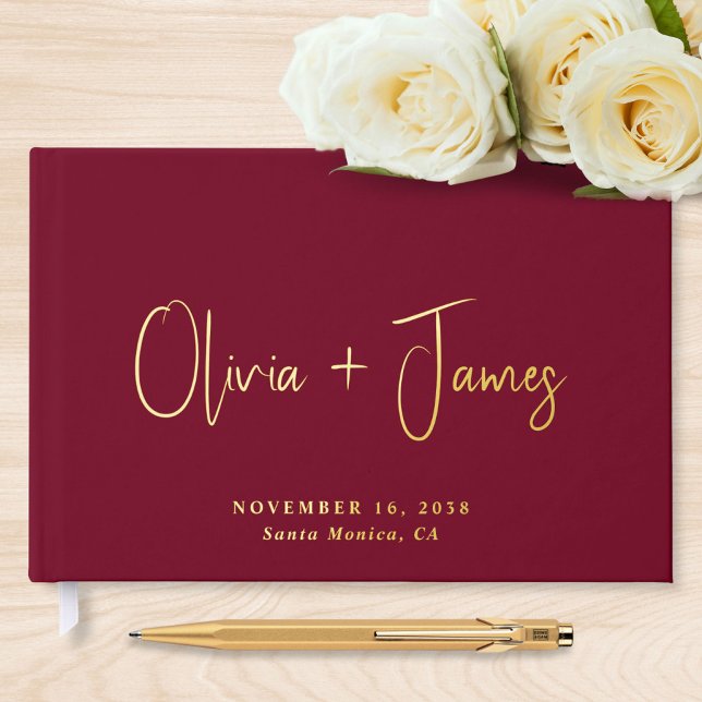 Minimal Script Burgundy Wedding Foil Guest Book (Creator Uploaded)