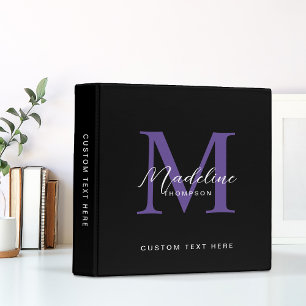 Minimal Script Calligraphy Black Purple Monogram 3 Ring Binder