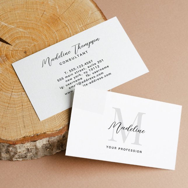 Minimal Script Calligraphy Black White Monogram Business Card (Creator Uploaded)