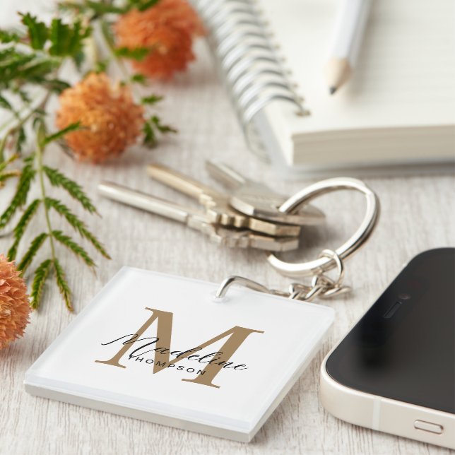 Minimal Script Calligraphy Gold Monogram White Keychain (Front Right)