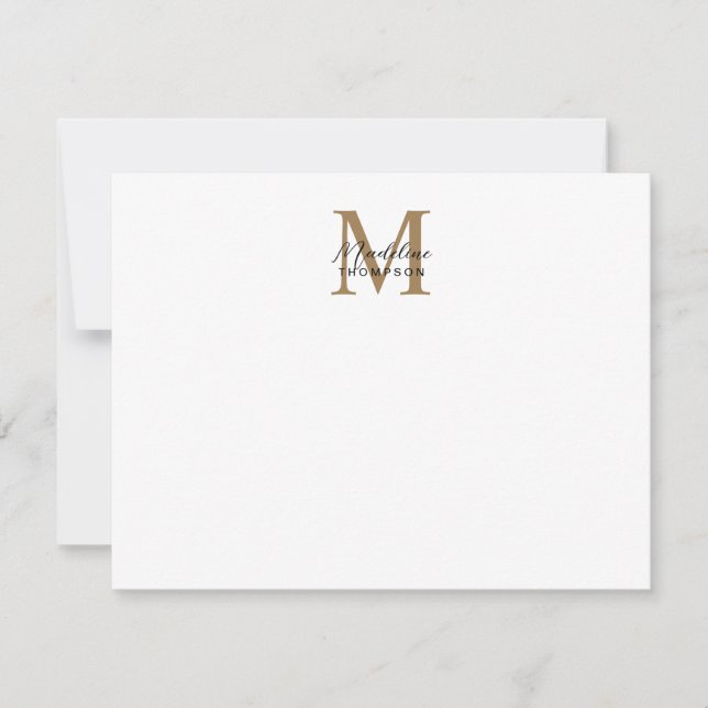 Minimal Script Calligraphy Gold Monogram White Note Card (Front)