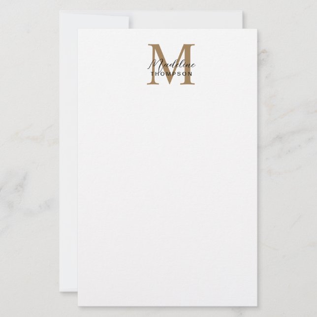 Minimal Script Calligraphy Gold Monogram White Stationery (Front)