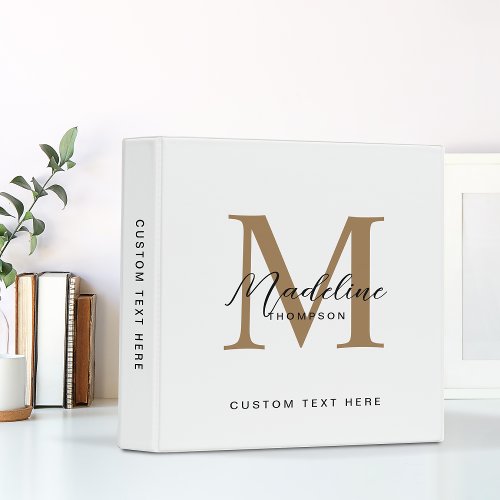 Minimal Script Calligraphy White Gold Monogram 3 Ring Binder