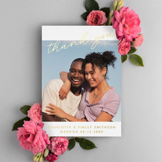 Minimal Script Chic Personalized Wedding Thank You Foil Holiday Card (Creator Uploaded)