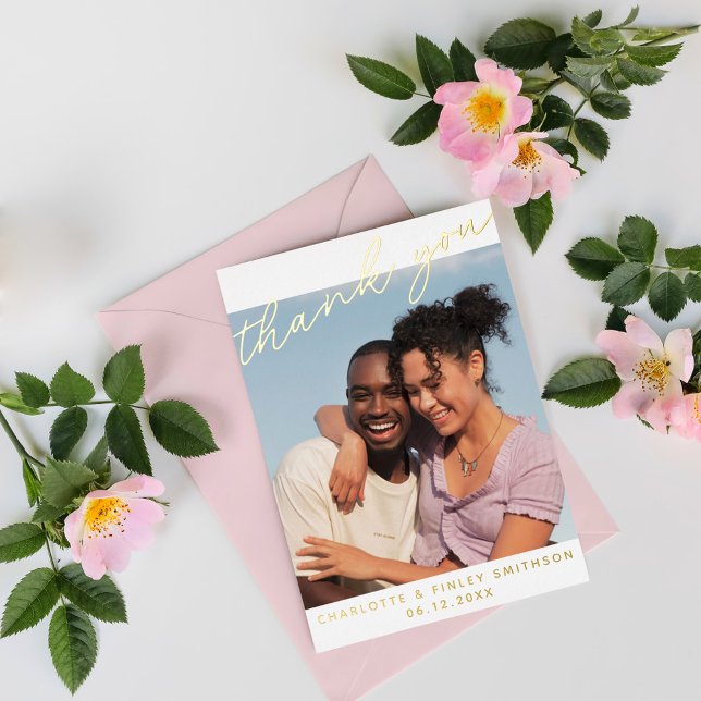 Minimal Script Chic Personalized Wedding Thank You Foil Holiday Postcard (Creator Uploaded)