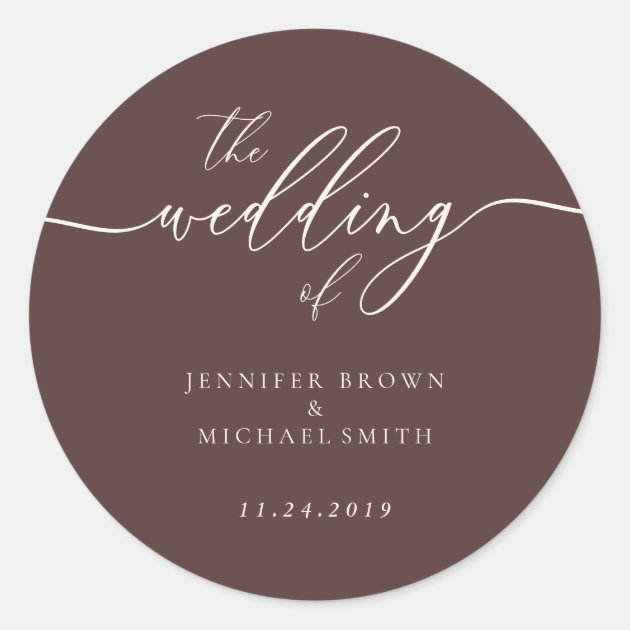 Minimal Script Chocolate Brown Wedding Classic Round Sticker