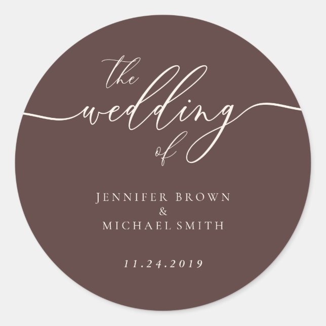 Minimal Script Chocolate Brown Wedding Classic Round Sticker (Front)