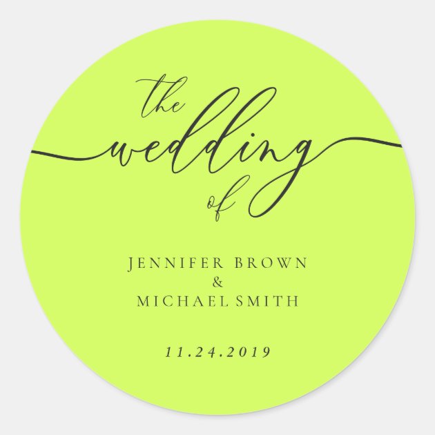 Minimal Script Cyber Lime Jet Black Wedding Classic Round Sticker