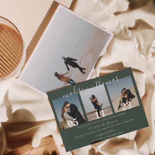 Minimal Script Dark Green Photo Collage Wedding Invitation