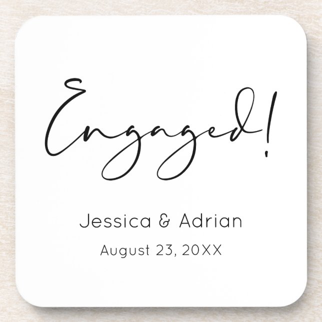 Minimal Script Engaged Engagement Party Beverage Coaster (Front)