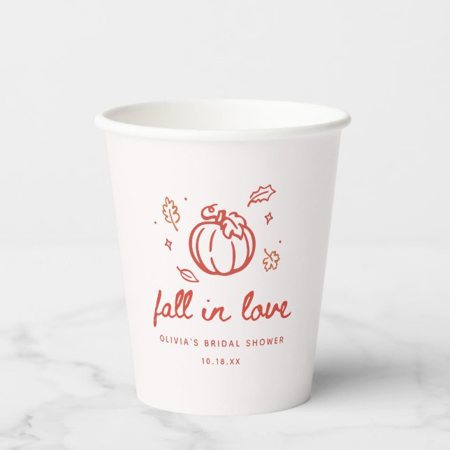 Minimal Script "Fall in Love" Bridal Shower Party Paper Cups (Front)