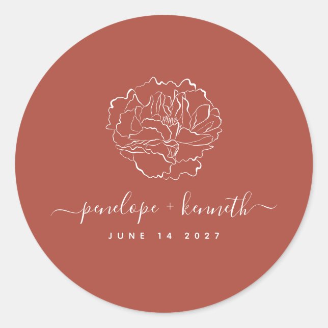 Minimal Script Floral Art Wedding | Terracotta Classic Round Sticker (Front)