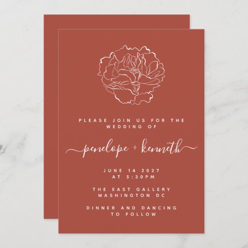 Minimal Script Floral Art Wedding  Terracotta  Invitation
