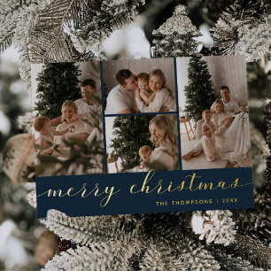 Minimal Script Four Photo Merry Christmas Foil Holiday Card