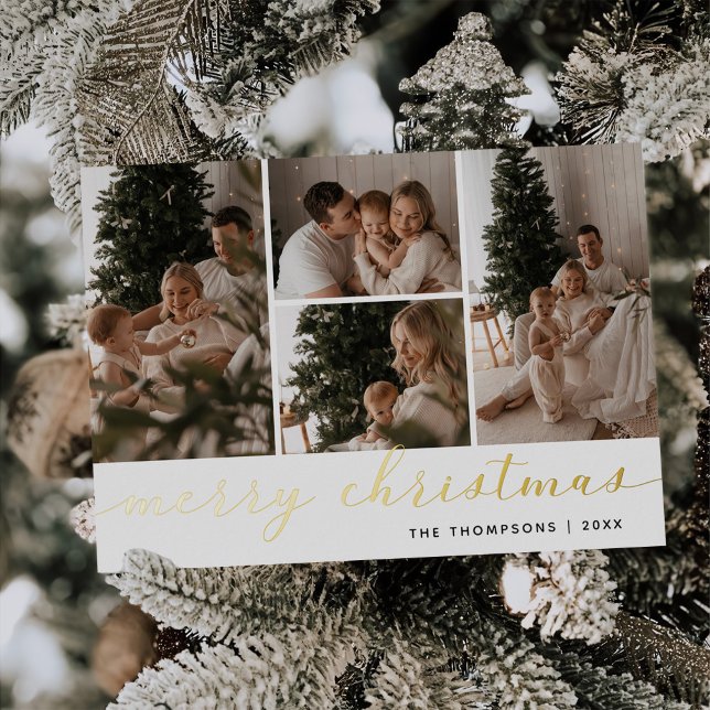 Minimal Script Four Photo Merry Christmas Foil Holiday Card (Creator Uploaded)