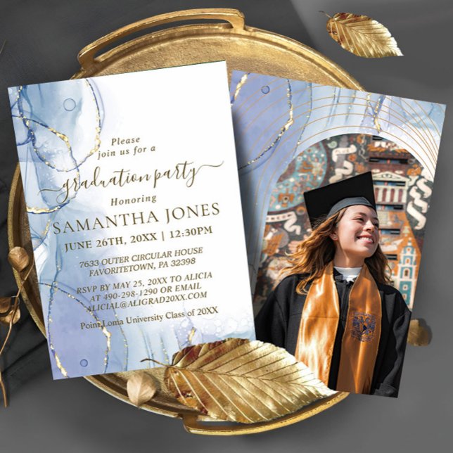 Minimal Script Golden Blue Graduation Invitation (Creator Uploaded)