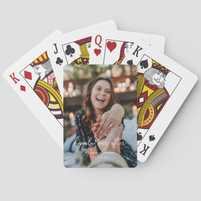 Minimal Script "Happily Ever After" Couple Photo Poker Cards (Back)