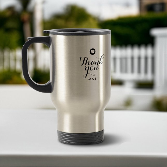 Minimal Script Heart Couple Thank You Monogrammed Travel Mug (Creator Uploaded)