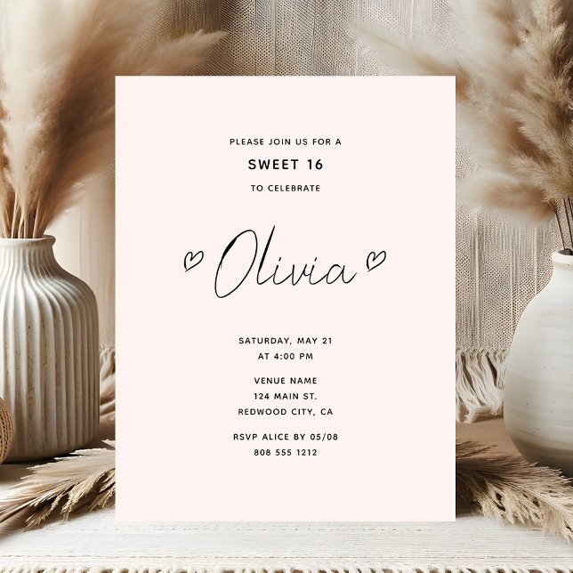 Minimal Script Heart Pink Sweet 16 Postcard (Creator Uploaded)