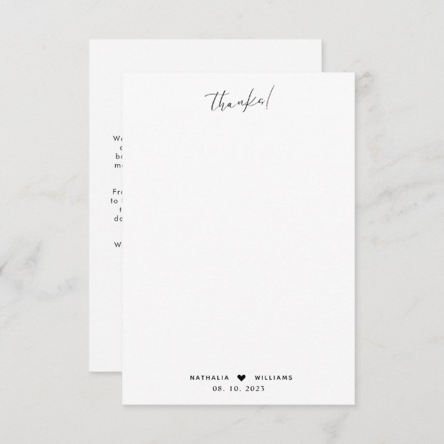 Minimal Script Heart with Photo Wedding  Thank You Card (Front/Back)