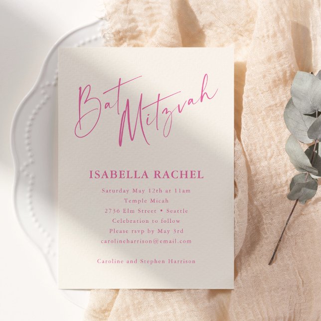Minimal Script Hot Pink Cream Modern Bat Mitzvah Invitation (Creator Uploaded)