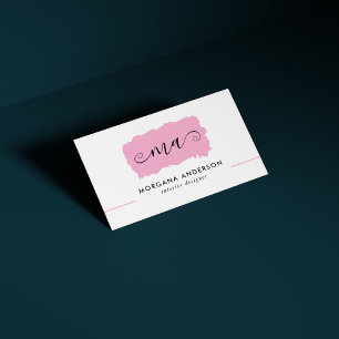 Minimal Script Initials Pink Brushstroke Business Card