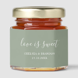 Minimal Script Love Is Sweet Sage Green Wedding Honey Jar Favors