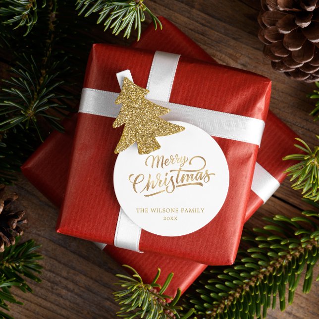 Minimal Script Merry Christmas Gold Foil Classic Round Sticker (Creator Uploaded)